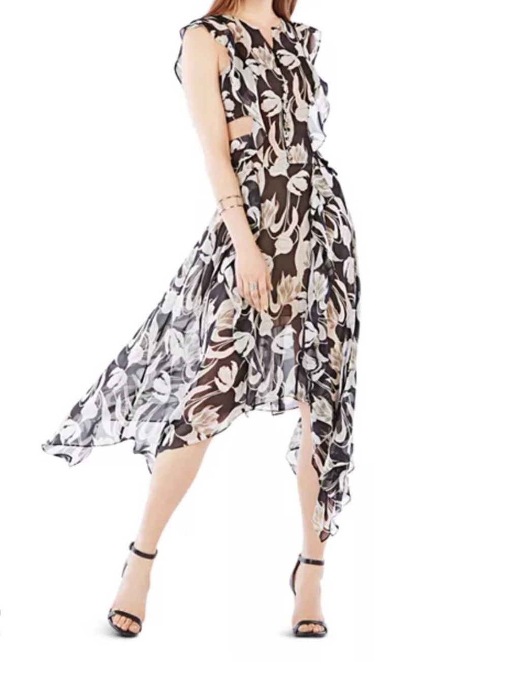 Black and White Floral Asymmetrical Chiffon BCBGMAXAZRIA Jann Cutout dress